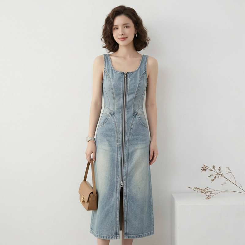 Denim midi haljina s uskim strukom, bez rukava, okrugli izrez, prednji šlic, svježi isprani denim, ljetni elegantan stil