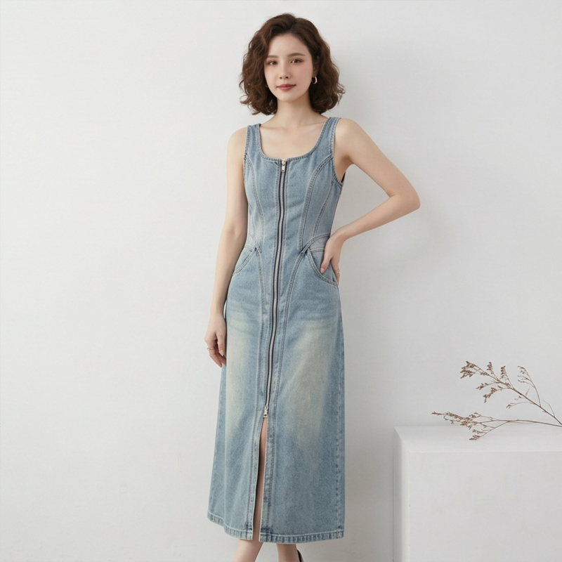 Denim midi ruha derékban karcsúsított szabással, ujjatlan, kerek nyakú, elöl hasítékkal, világos mosott denim, nyári elegáns stílus