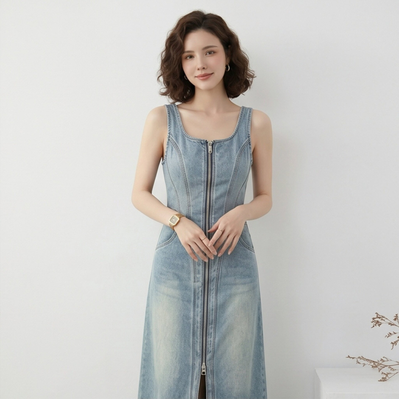 Denim midi ruha derékban karcsúsított szabással, ujjatlan, kerek nyakú, elöl hasítékkal, világos mosott denim, nyári elegáns stílus