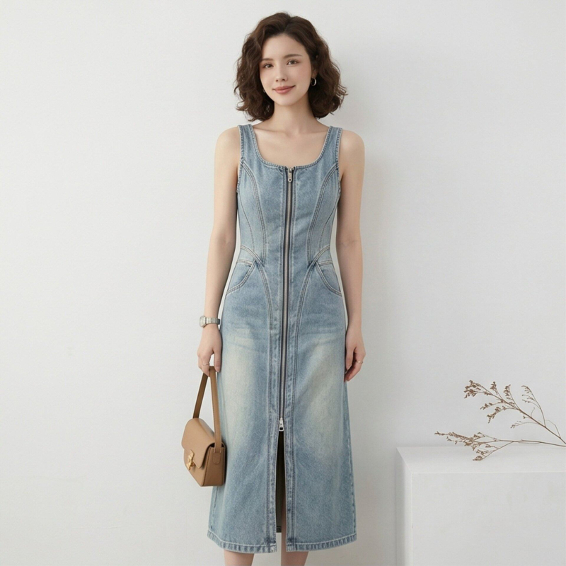 Denim midi ruha derékban karcsúsított szabással, ujjatlan, kerek nyakú, elöl hasítékkal, világos mosott denim, nyári elegáns stílus