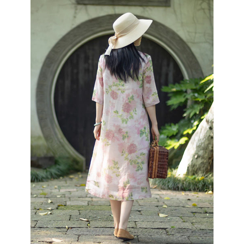 Rami-pamut nyomtatott kínai-stílusú ruha, álló gallérral, középső hosszúságú