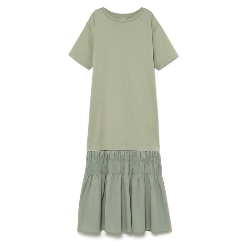 Japán niche tervezésű, lazán szabott rövid ujjú T-shirt ruha patchwork és fodros szegéllyel, mindennapi viselet