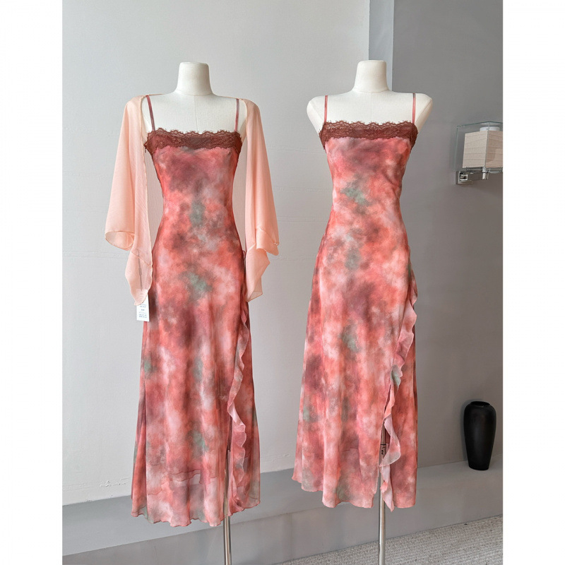 Sena 2026 tavasz-nyári elegáns tündérszerű chiffon hosszú ruha és kardigán, tie-dye mintázatú két részes szett