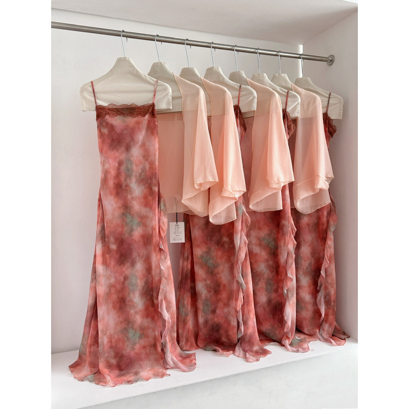 Sena 2026 tavasz-nyári elegáns tündérszerű chiffon hosszú ruha és kardigán, tie-dye mintázatú két részes szett