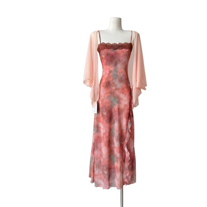 Sena 2026 tavasz-nyári elegáns tündérszerű chiffon hosszú ruha és kardigán, tie-dye mintázatú két részes szett
