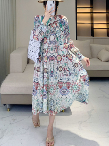 Pleated World ženski dvodijelni set: haljina s ispisom šala i cardigan-top, labav kroj, poliester, ljeto