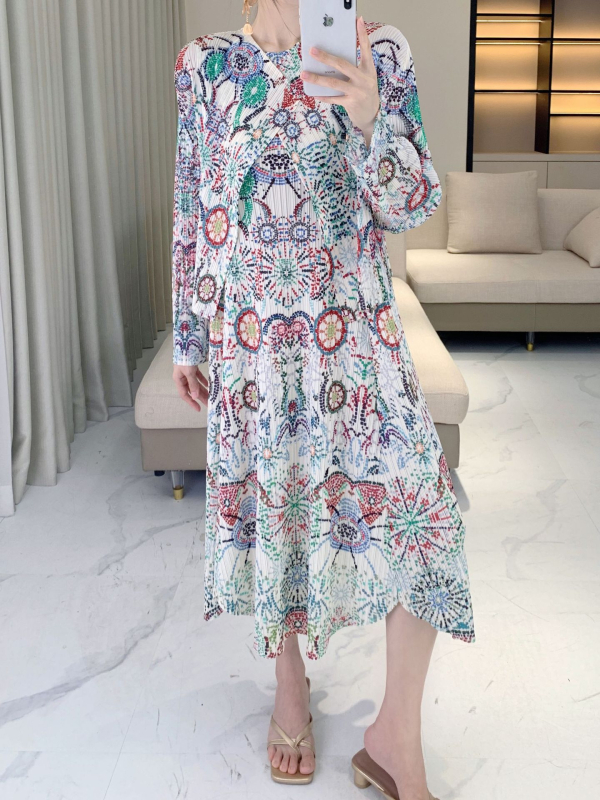 Pleated World ženski dvodijelni set: haljina s ispisom šala i cardigan-top, labav kroj, poliester, ljeto