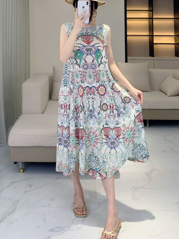 Pleated World ženski dvodijelni set: haljina s ispisom šala i cardigan-top, labav kroj, poliester, ljeto