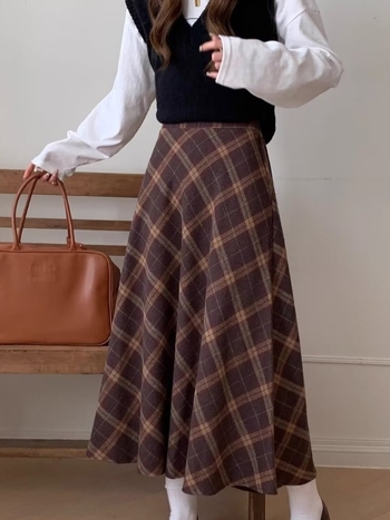 Gyapjú kockás midi szoknya nőknek, magas derekú, retro brit stílus, ősz-tél