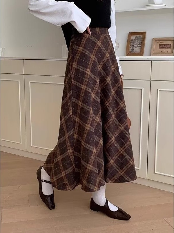 Gyapjú kockás midi szoknya nőknek, magas derekú, retro brit stílus, ősz-tél