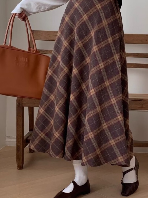 Gyapjú kockás midi szoknya nőknek, magas derekú, retro brit stílus, ősz-tél