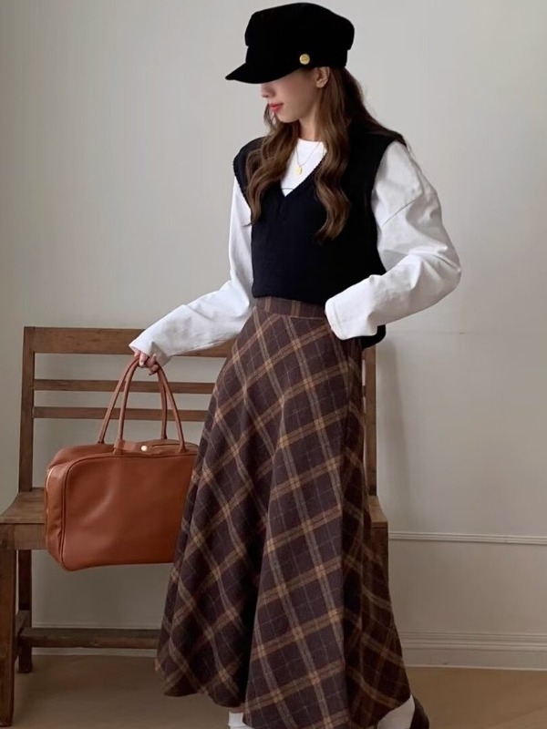 Gyapjú kockás midi szoknya nőknek, magas derekú, retro brit stílus, ősz-tél