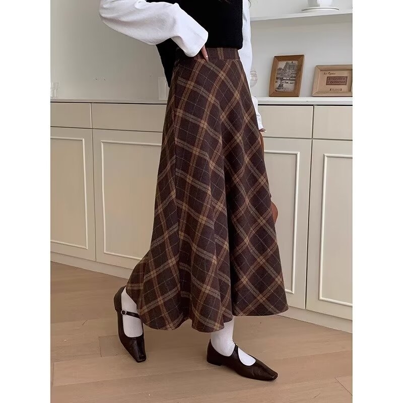Gyapjú kockás midi szoknya nőknek, magas derekú, retro brit stílus, ősz-tél