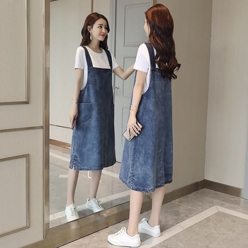 Denim vállpántos ruha, midi hosszú, magas derék, szabásvonal A, koreai stílus, tavasz–nyár 2026