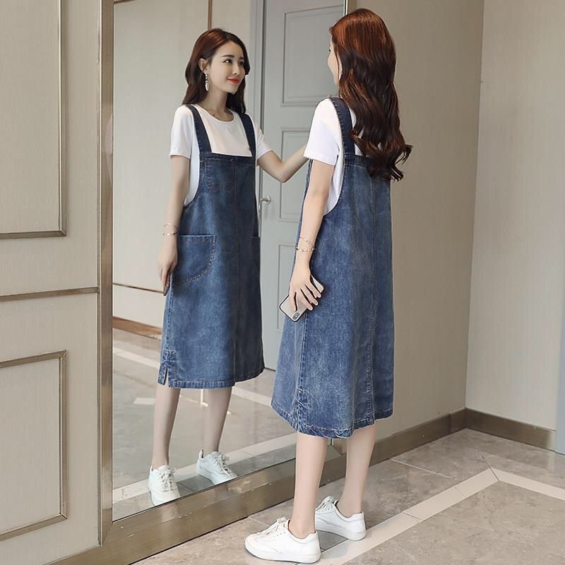 Denim vállpántos ruha, midi hosszú, magas derék, szabásvonal A, koreai stílus, tavasz–nyár 2026