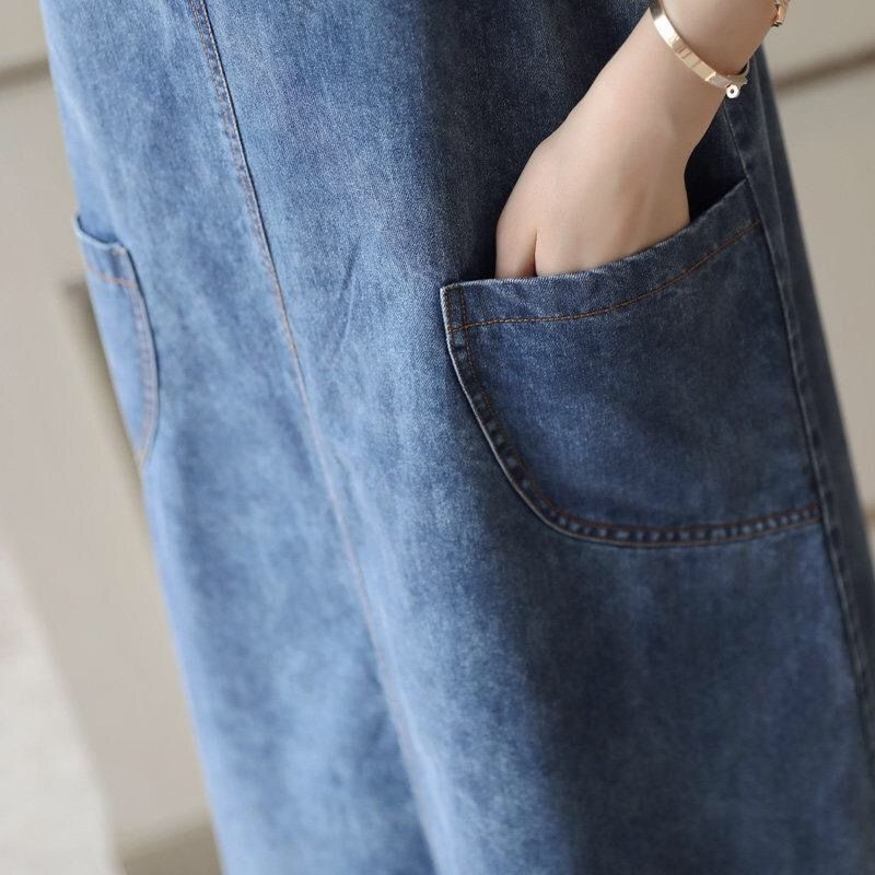 Denim vállpántos ruha, midi hosszú, magas derék, szabásvonal A, koreai stílus, tavasz–nyár 2026