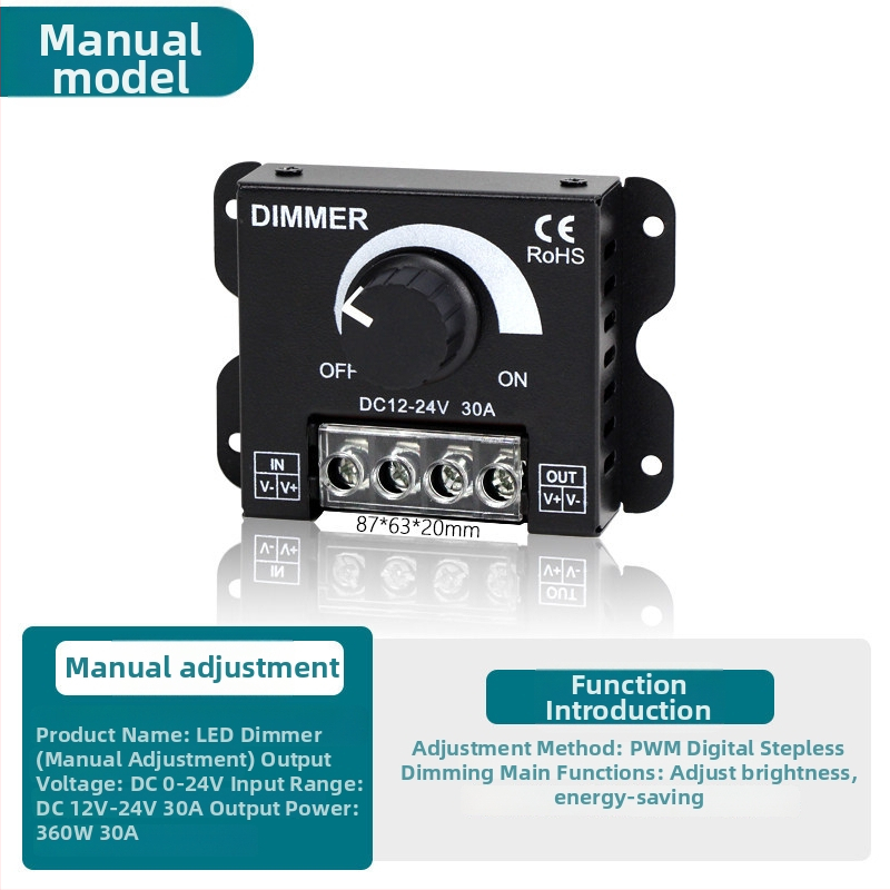 Dimmer LED για χαμηλή τάση 5V/12V/24V, για φωτιστικά κουτιά και γράμματα, αδιάκοπη ρύθμιση φωτεινότητας, ελεγκτής με διακόπτη