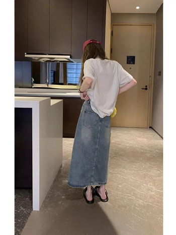 Američka retro frayed denim midi suknja za žene, jesen moda, visok struk, laskava silueta, A-linija s ribljom repom, za niske figure