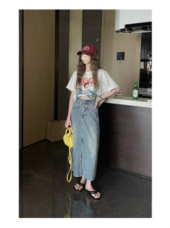 Američka retro frayed denim midi suknja za žene, jesen moda, visok struk, laskava silueta, A-linija s ribljom repom, za niske figure