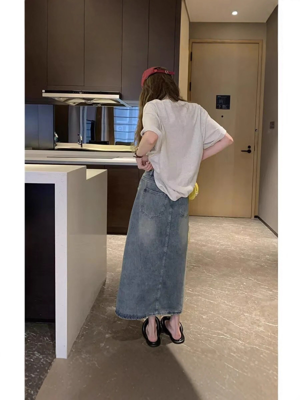 Američka retro frayed denim midi suknja za žene, jesen moda, visok struk, laskava silueta, A-linija s ribljom repom, za niske figure