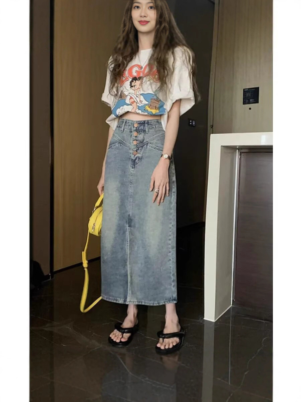 Američka retro frayed denim midi suknja za žene, jesen moda, visok struk, laskava silueta, A-linija s ribljom repom, za niske figure