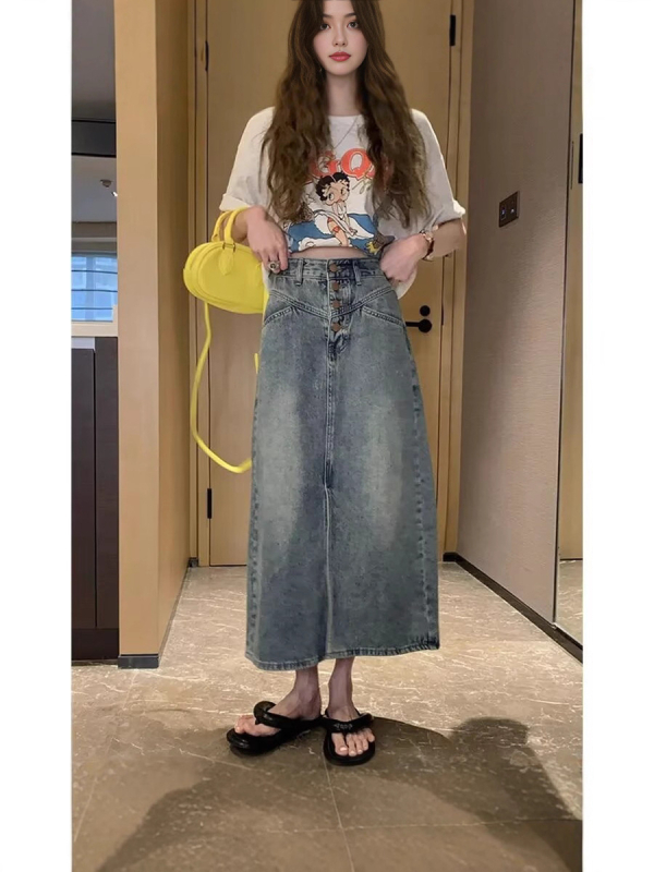 Američka retro frayed denim midi suknja za žene, jesen moda, visok struk, laskava silueta, A-linija s ribljom repom, za niske figure