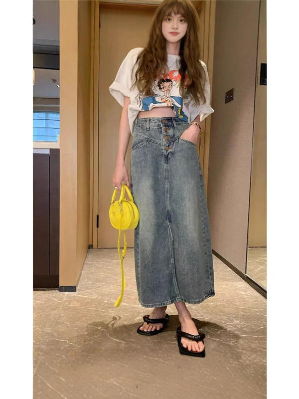 Američka retro frayed denim midi suknja za žene, jesen moda, visok struk, laskava silueta, A-linija s ribljom repom, za niske figure