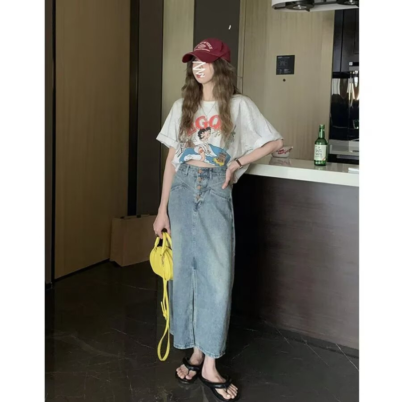 Američka retro frayed denim midi suknja za žene, jesen moda, visok struk, laskava silueta, A-linija s ribljom repom, za niske figure
