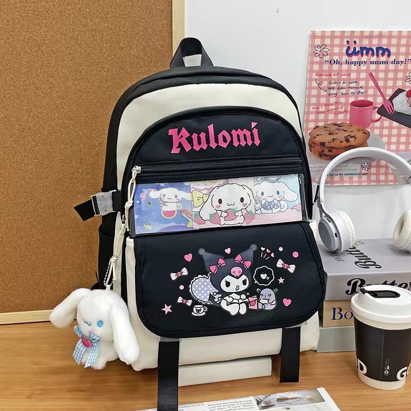 Kuromi aranyos mintás hátizsák kártyadíszítéssel, iskolai hátizsák alsó- és középiskolás diákoknak, nagy méret