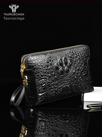 Geantă clutch pentru bărbați din piele naturală, model crocodil, compartimente multiple, închidere cu cod, fermoar dublu, antifurt