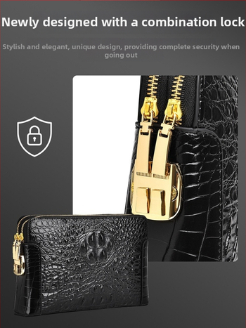Geantă clutch pentru bărbați din piele naturală, model crocodil, compartimente multiple, închidere cu cod, fermoar dublu, antifurt