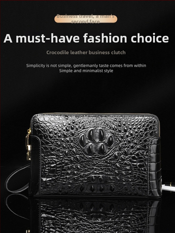 Geantă clutch pentru bărbați din piele naturală, model crocodil, compartimente multiple, închidere cu cod, fermoar dublu, antifurt