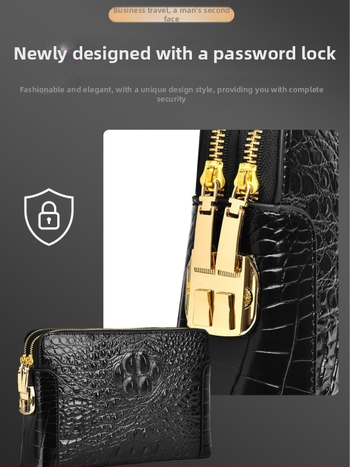Geantă clutch pentru bărbați din piele naturală, model crocodil, compartimente multiple, închidere cu cod, fermoar dublu, antifurt