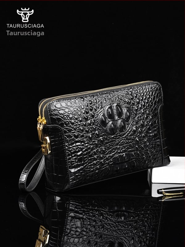 Geantă clutch pentru bărbați din piele naturală, model crocodil, compartimente multiple, închidere cu cod, fermoar dublu, antifurt