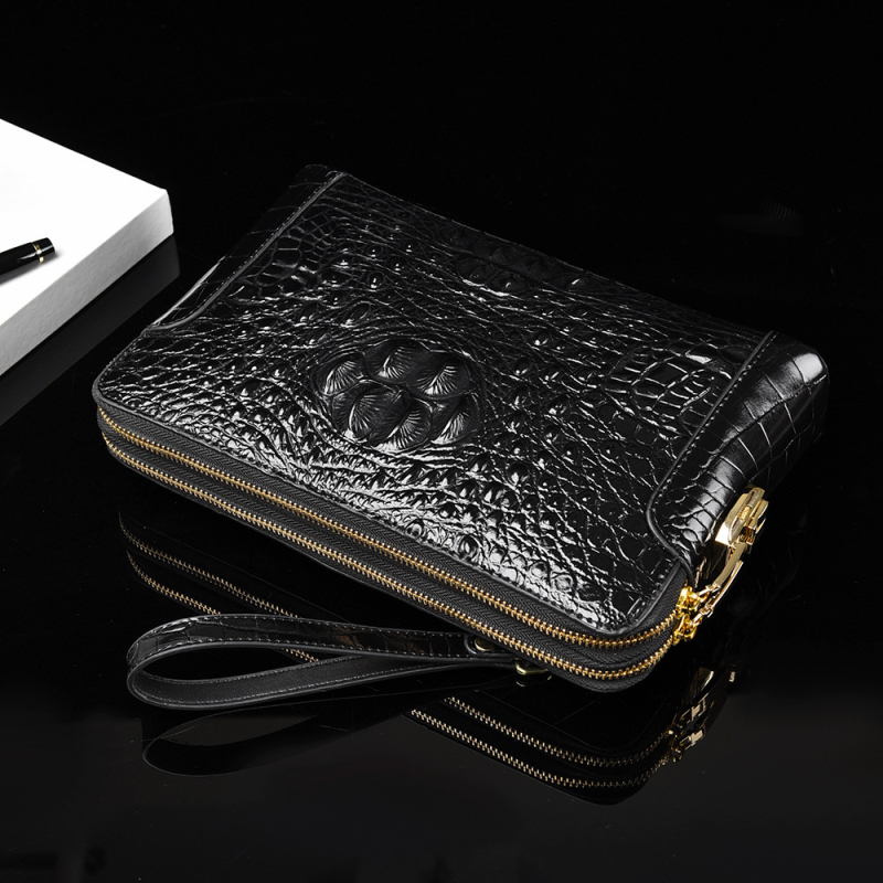 Geantă clutch pentru bărbați din piele naturală, model crocodil, compartimente multiple, închidere cu cod, fermoar dublu, antifurt