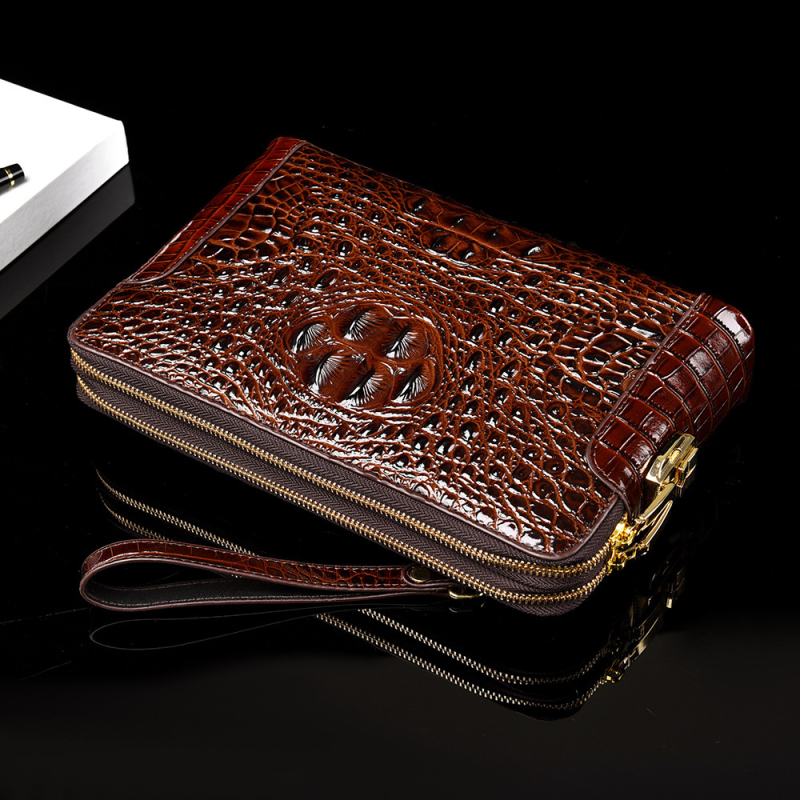 Geantă clutch pentru bărbați din piele naturală, model crocodil, compartimente multiple, închidere cu cod, fermoar dublu, antifurt