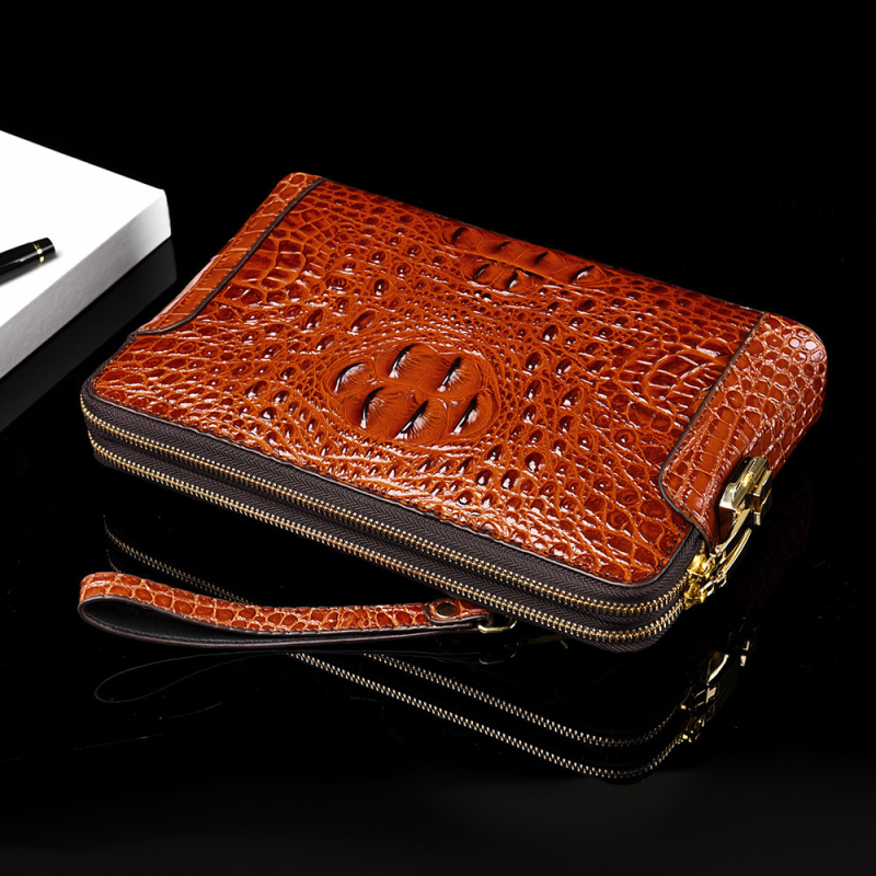 Geantă clutch pentru bărbați din piele naturală, model crocodil, compartimente multiple, închidere cu cod, fermoar dublu, antifurt