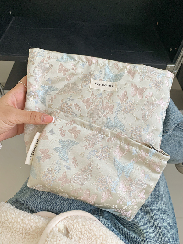 Jacquard mintás pillangó kozmetikai táska, nagy kapacitású, hordozható utazáshoz; tároló tasak és tolltartó.