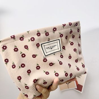 Corduroy virágmintás sminktáska, kompakt utazáshoz, retro női clutch, nagy kapacitású