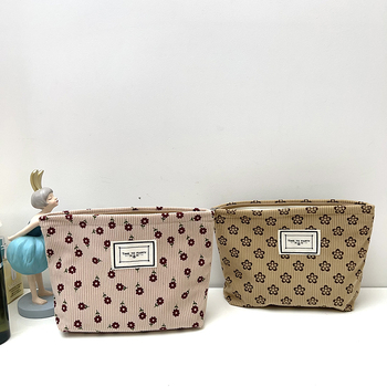 Corduroy virágmintás sminktáska, kompakt utazáshoz, retro női clutch, nagy kapacitású