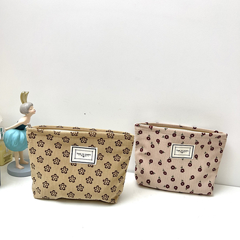 Corduroy virágmintás sminktáska, kompakt utazáshoz, retro női clutch, nagy kapacitású