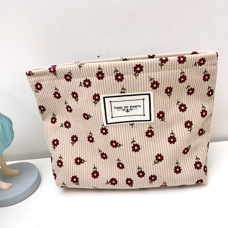 Corduroy virágmintás sminktáska, kompakt utazáshoz, retro női clutch, nagy kapacitású