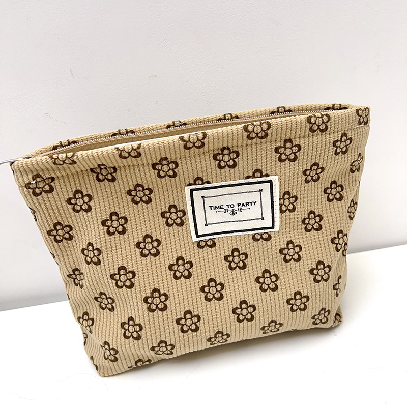 Corduroy virágmintás sminktáska, kompakt utazáshoz, retro női clutch, nagy kapacitású