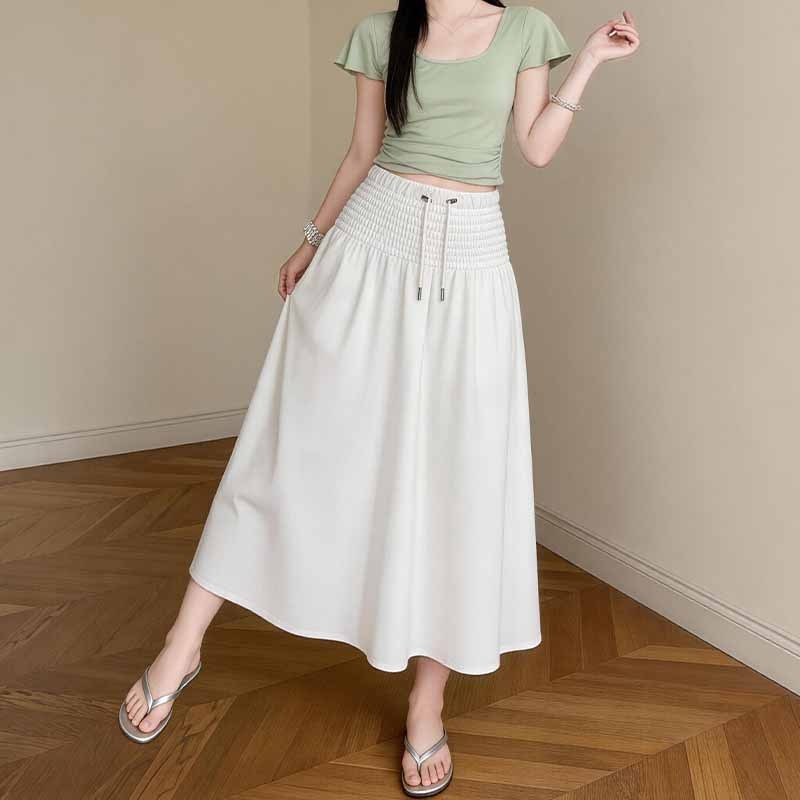 Kismamák számára tervezett drapírozott ice silk midi szoknya, nyár 2026, elegáns