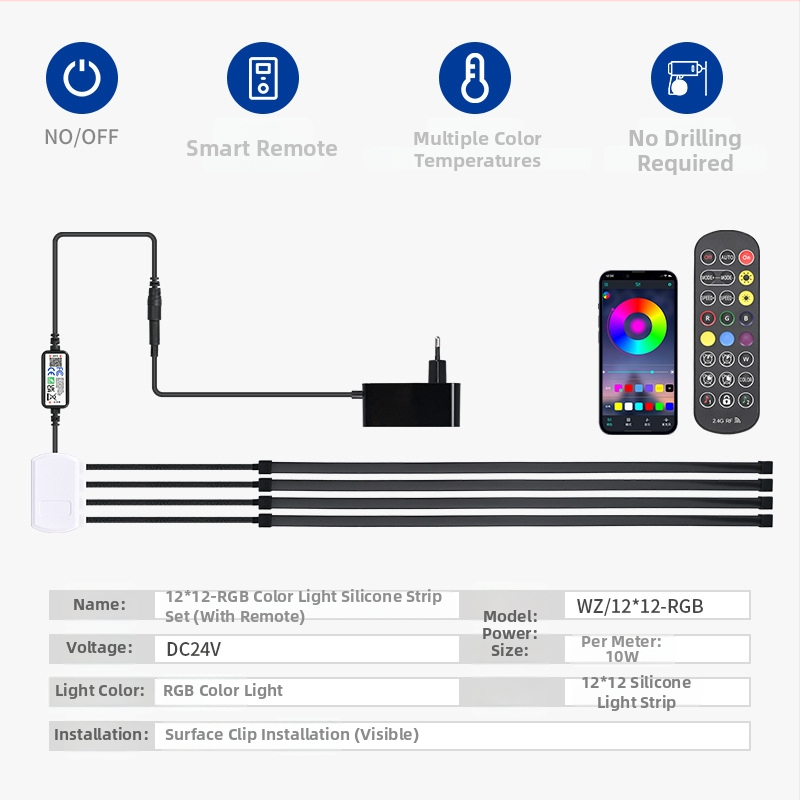 RGB színes LED-szalag szilikonból, vízálló és rugalmas nappalira, 24V atmoszférikus világítás
