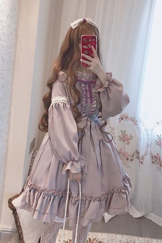 Lila Lolita ruha, midi hosszú ujjú, kerek nyak, provanszi stílus