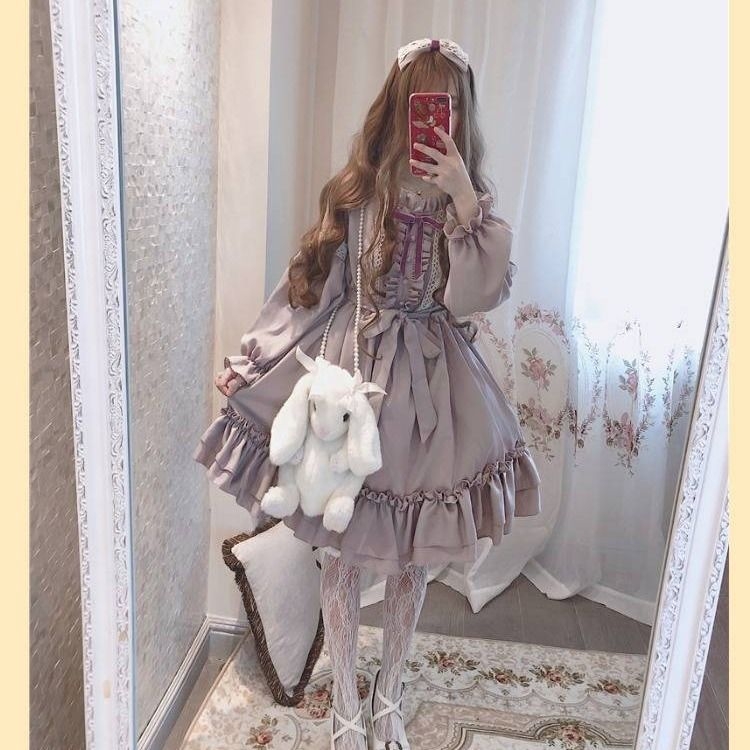 Lila Lolita ruha, midi hosszú ujjú, kerek nyak, provanszi stílus