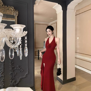 Francia stílusú elegáns nyakpántos ruha nőknek, nyári modell, szexi hasíték, magas derék, karcsúsító, hosszú ruha