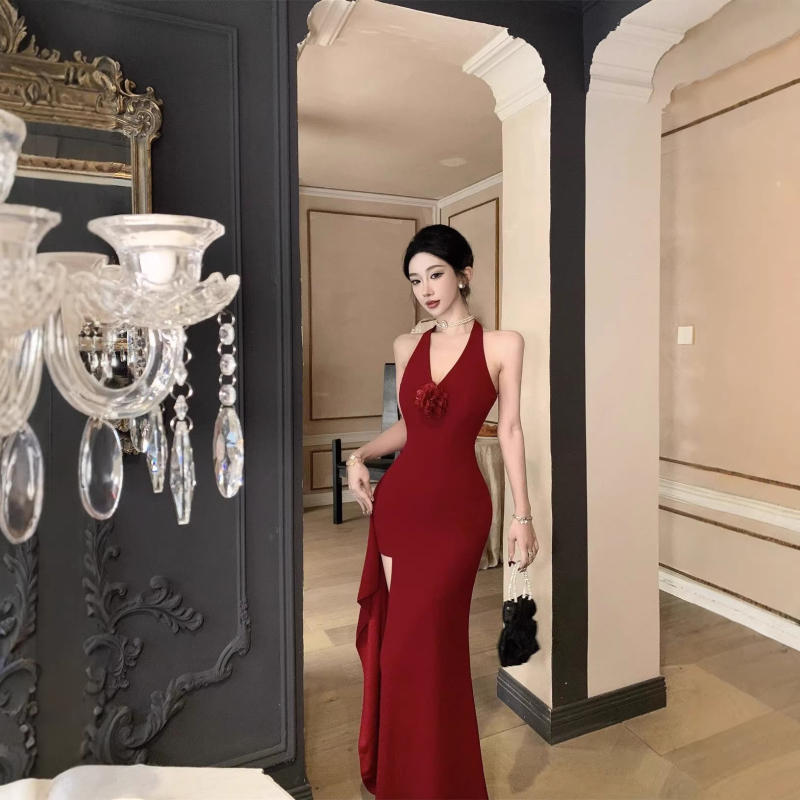 Francia stílusú elegáns nyakpántos ruha nőknek, nyári modell, szexi hasíték, magas derék, karcsúsító, hosszú ruha
