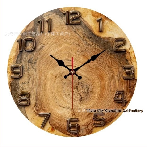 Ceas de perete cu textură lemnoasă și inele de creștere, rotund, 12 inch, design nordic minimalist pentru living